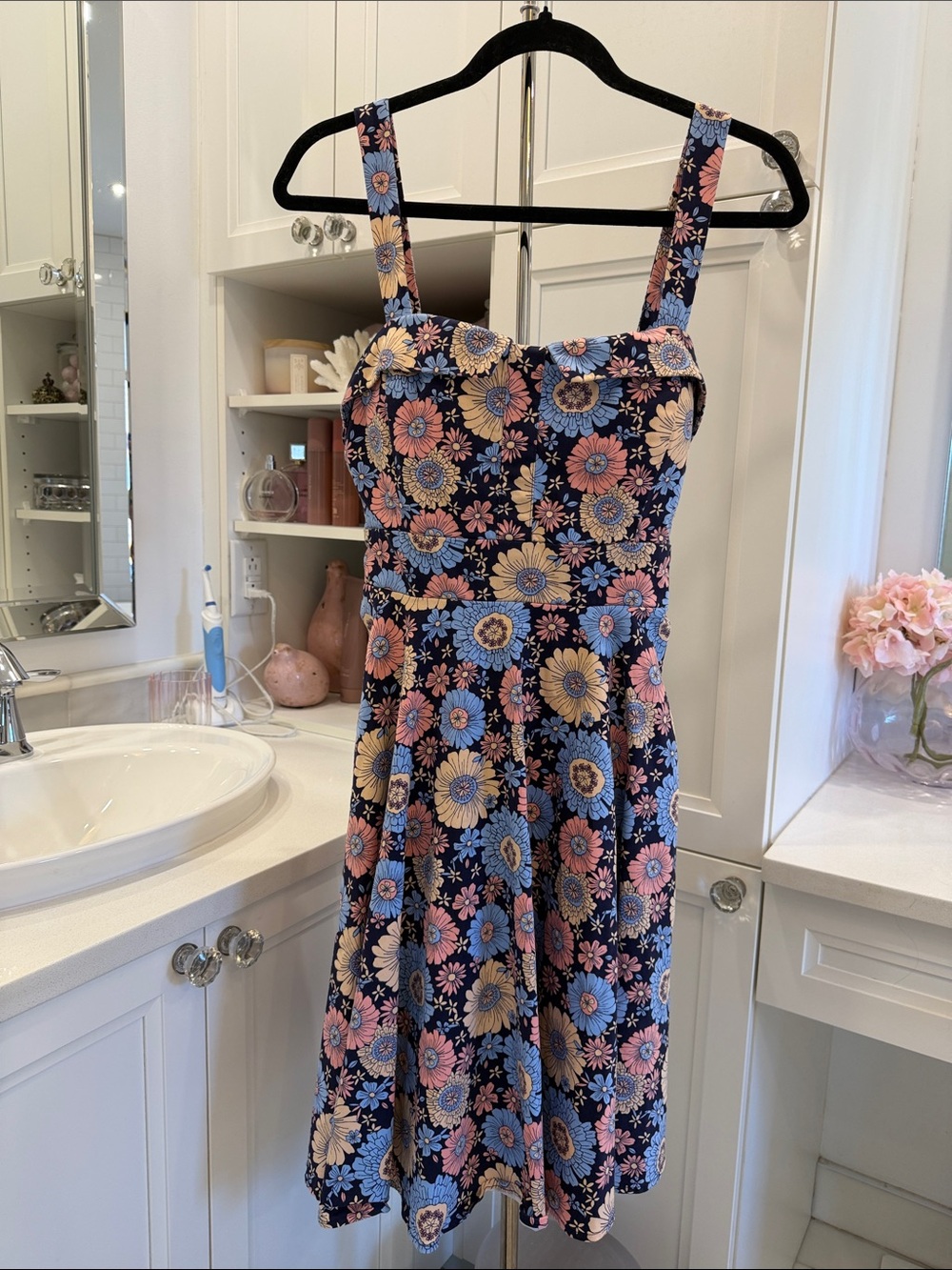 Navy Floral Midi Dress with Pink & Light Blue Blooms